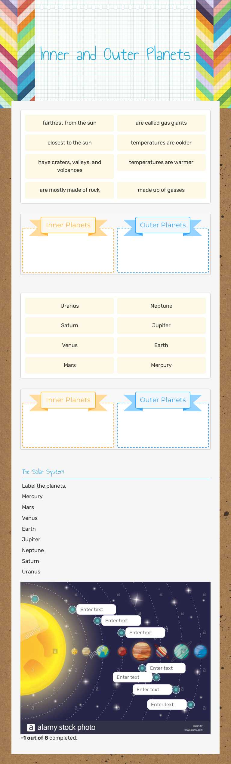 Inner and Outer Planets worksheet preview image