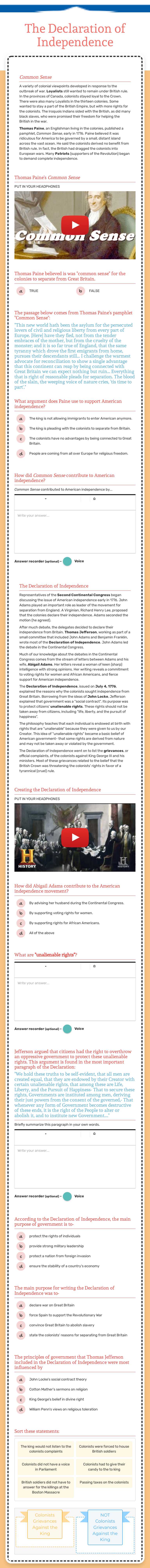 The Declaration of Independence worksheet preview image