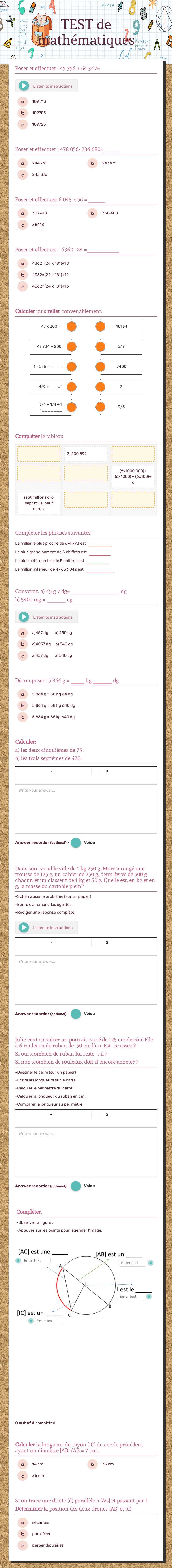 TEST de mathématiques worksheet preview image