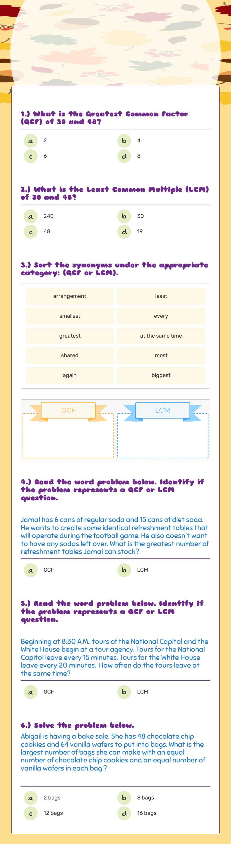 GCF and LCM Review
1/25/21 worksheet preview image