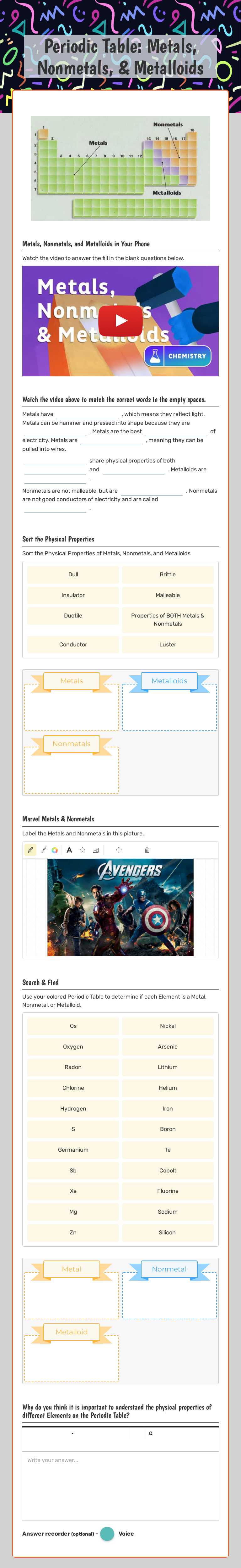 Periodic Table: Metals, Nonmetals, & Metalloids worksheet preview image