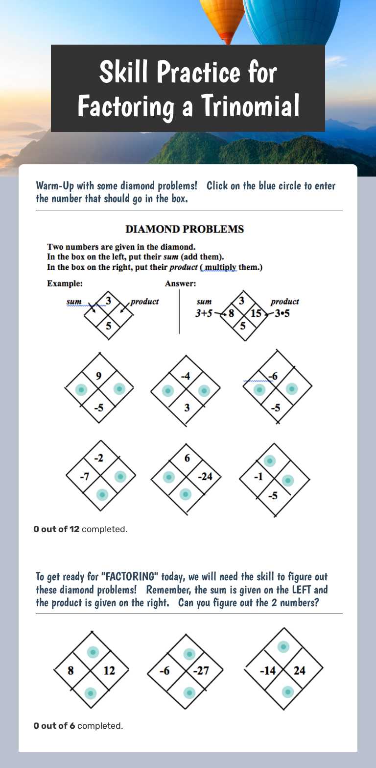 Skill Practice for Factoring a Trinomial worksheet preview image