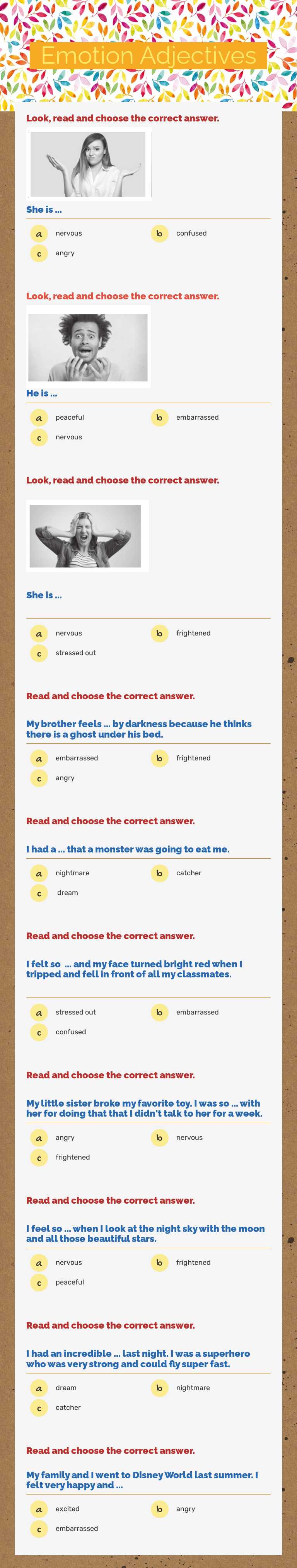 Emotion Adjectives Grade 5 worksheet preview