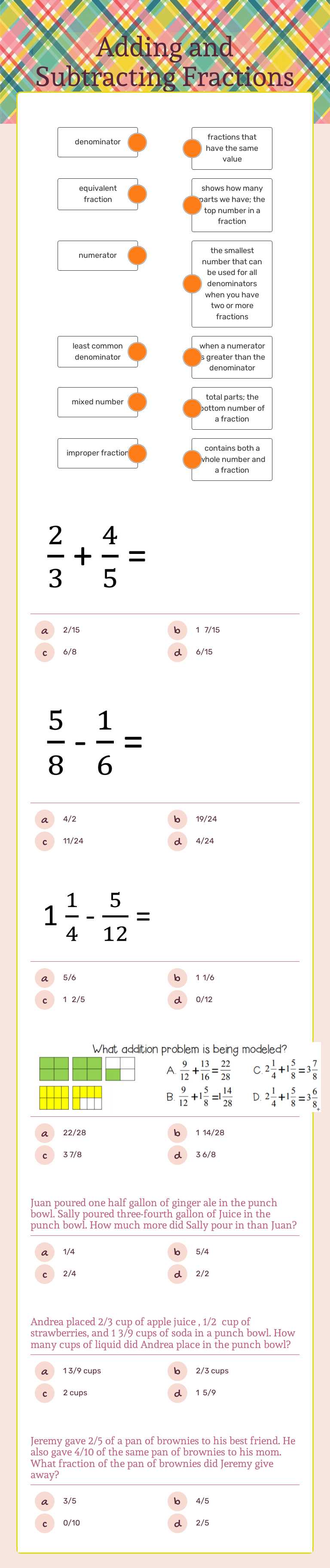 Adding and Subtracting Fractions Grade 5 worksheet preview