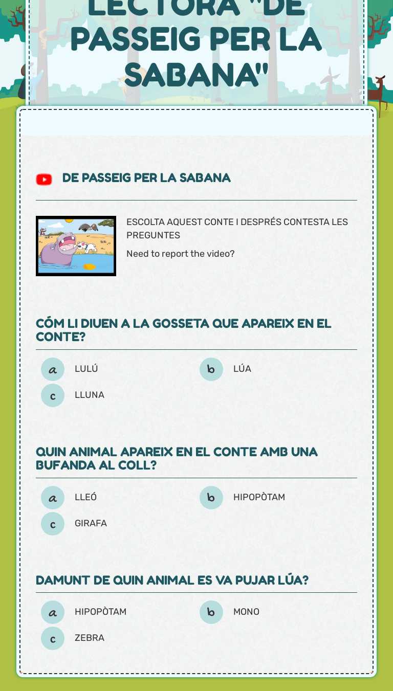 COMPRENSIÓ LECTORA "DE PASSEIG PER LA SABANA" worksheet preview image