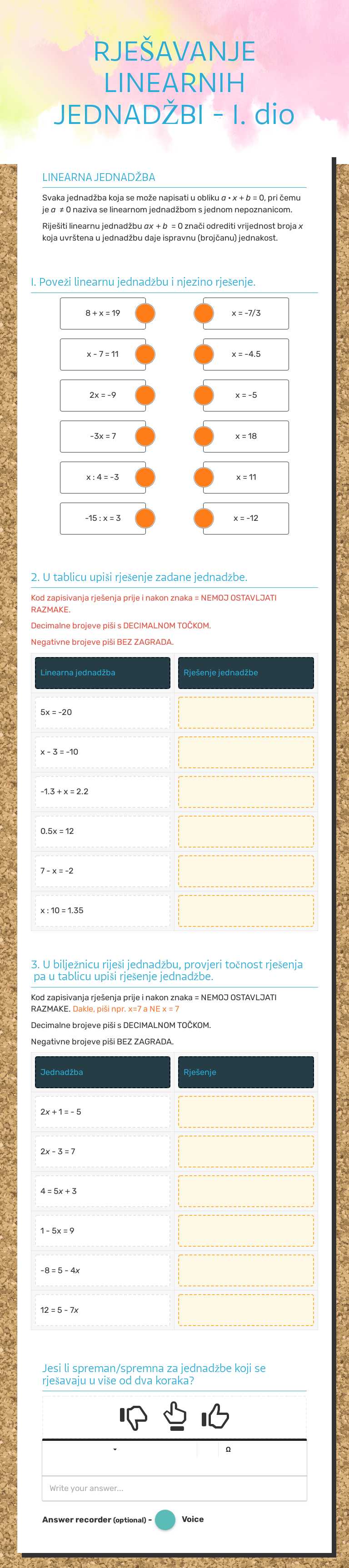 RJEŠAVANJE LINEARNIH JEDNADŽBI - 1. dio Grade 6 worksheet preview
