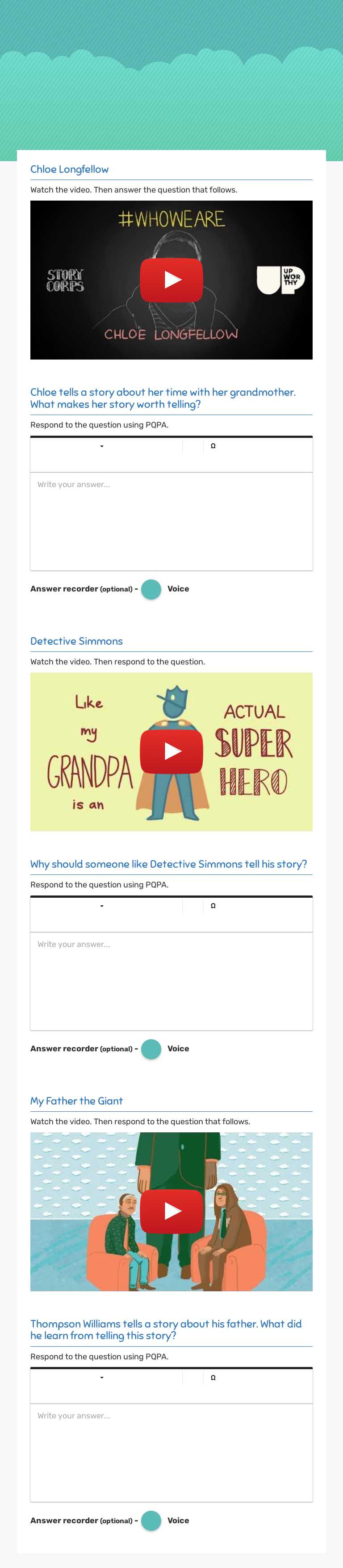 Stories: Essential Questions worksheet preview image