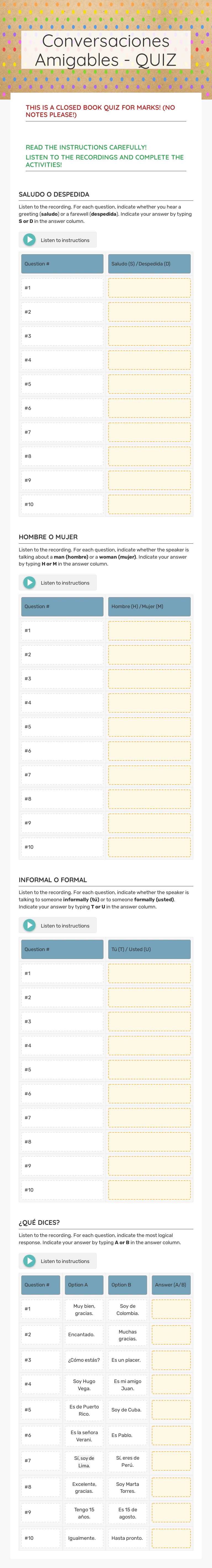 Conversaciones Amigables - QUIZ worksheet preview image