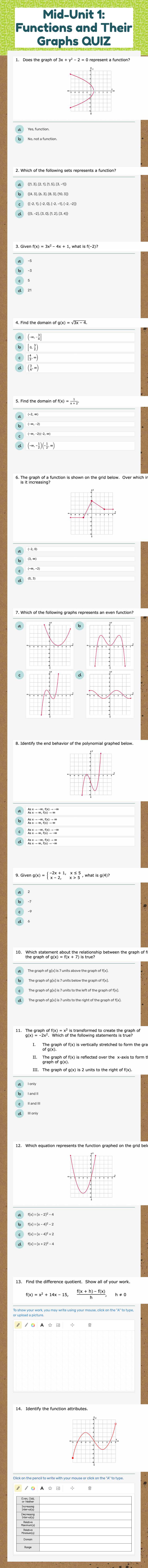 Mid-Unit 1: Functions and Their Graphs QUIZ worksheet preview image