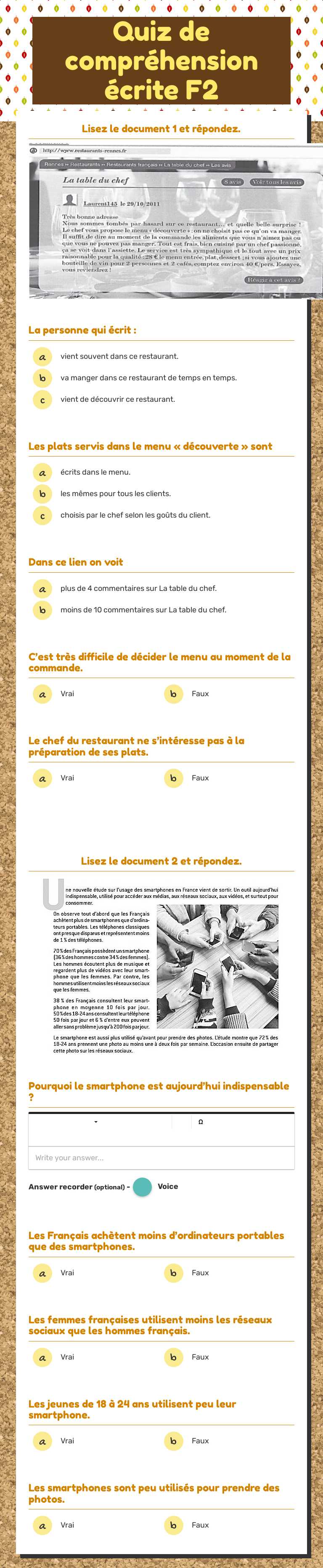 Quiz de compréhension écrite F2 worksheet preview image