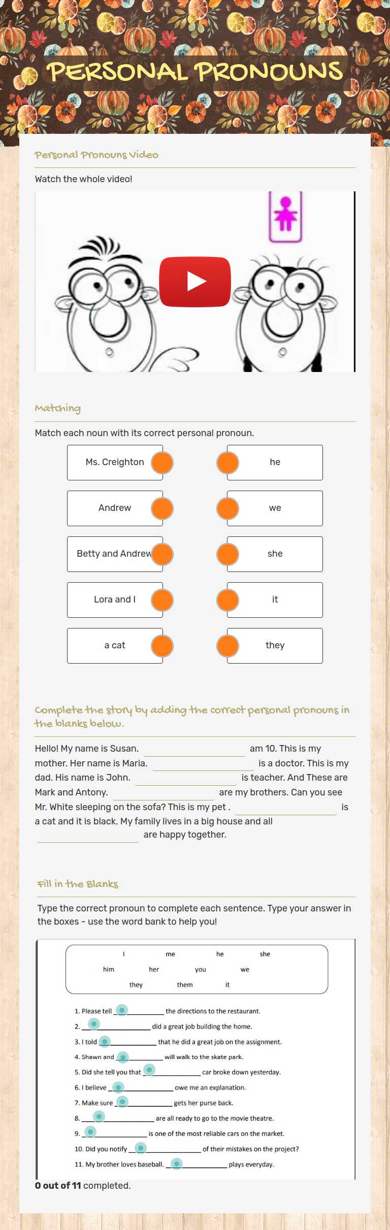 PERSONAL PRONOUNS Grade 7 worksheet preview