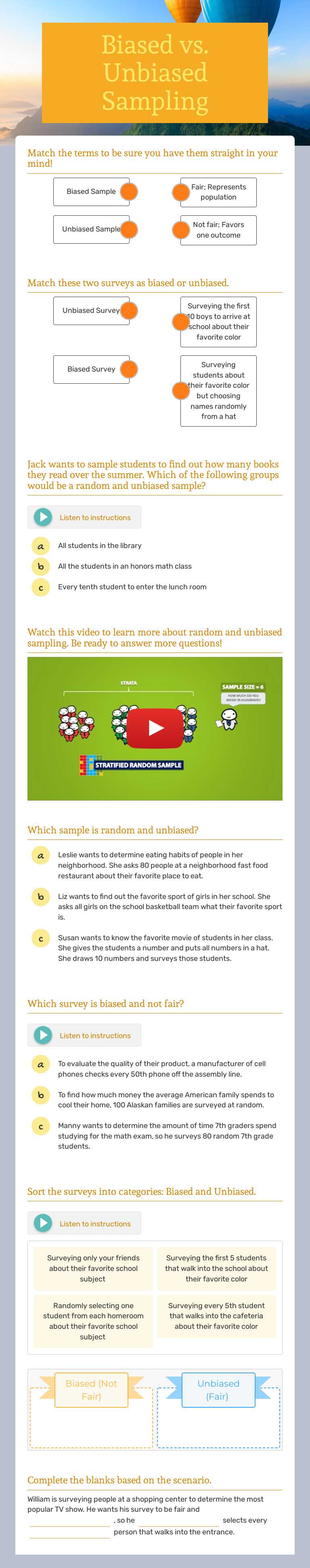 Biased vs. Unbiased Sampling worksheet preview image