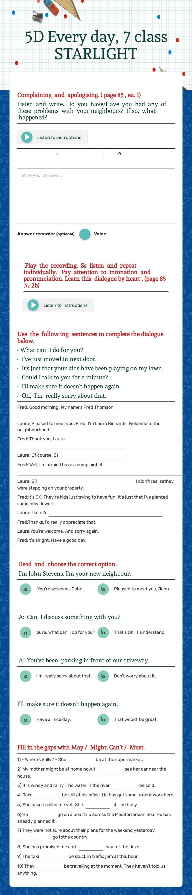 5D Every day, 7 class STARLIGHT worksheet preview image