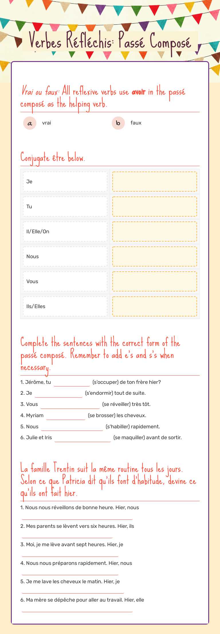 Verbes Réfléchis: Passé Composé worksheet preview image