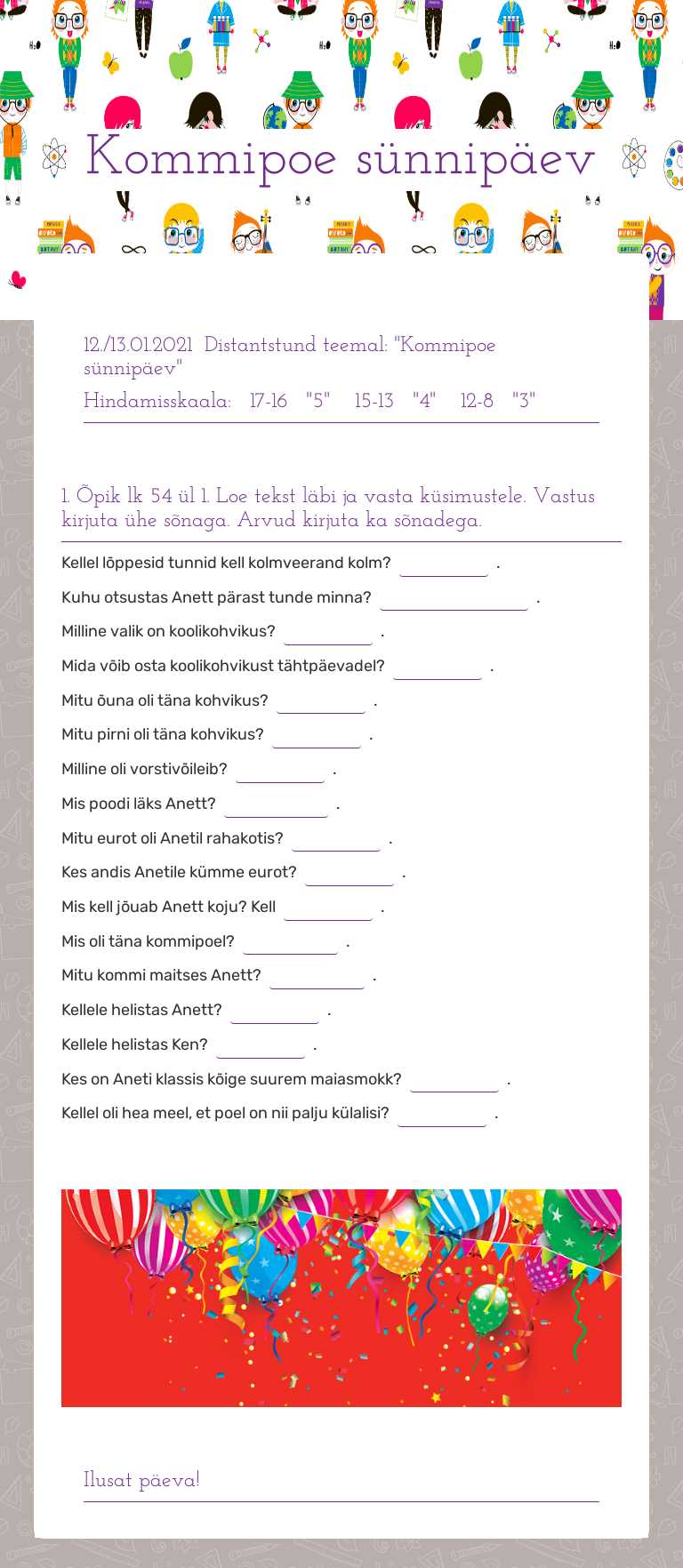 Kommipoe sünnipäev worksheet preview image