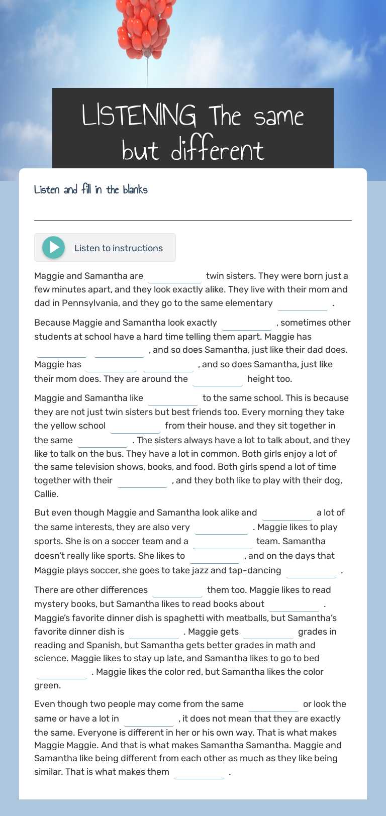 LISTENING          The same but different Grade 6 worksheet preview