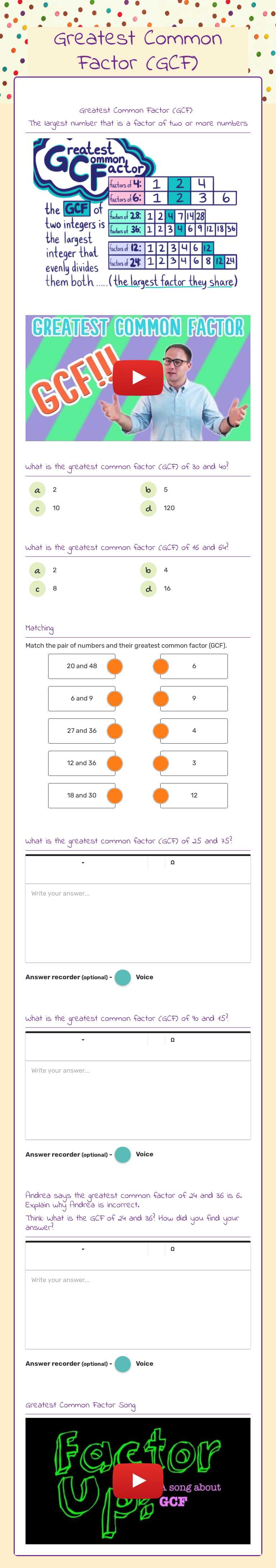 Greatest Common Factor (GCF) Grade 6 worksheet preview