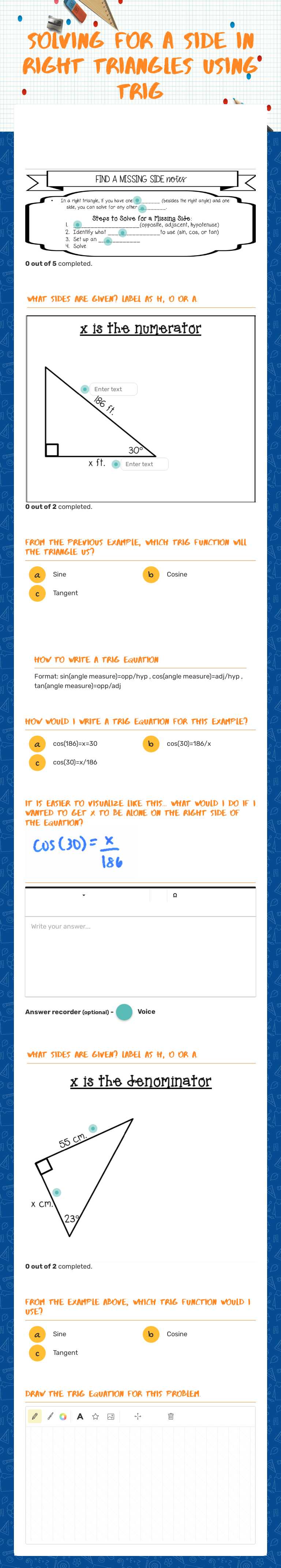 Solving for a Side in Right Triangles using Trig Grade 10 worksheet preview