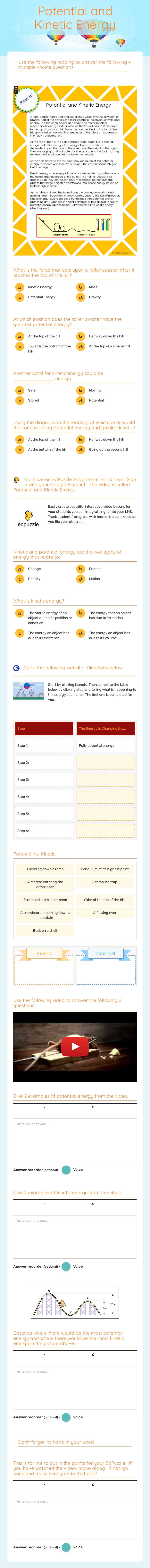 Potential and Kinetic Energy worksheet preview image