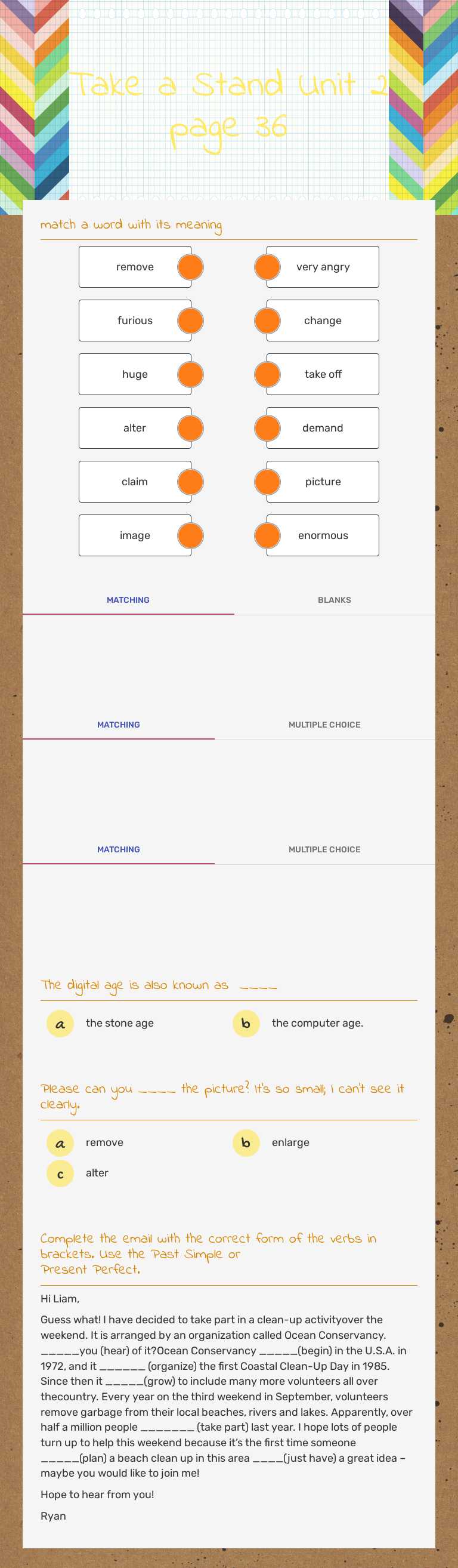 Take a Stand Unit 2 page 36 worksheet preview image