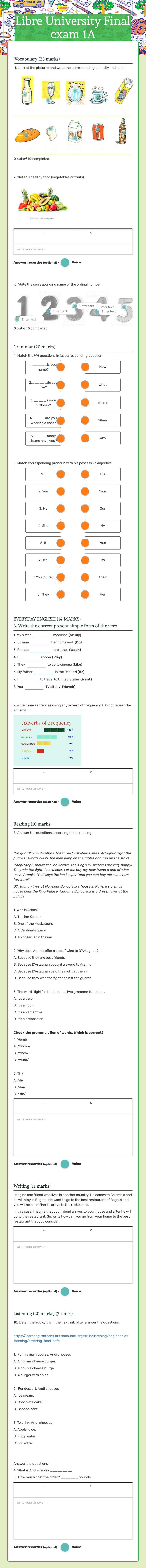 Libre University     Final exam 1A worksheet preview image