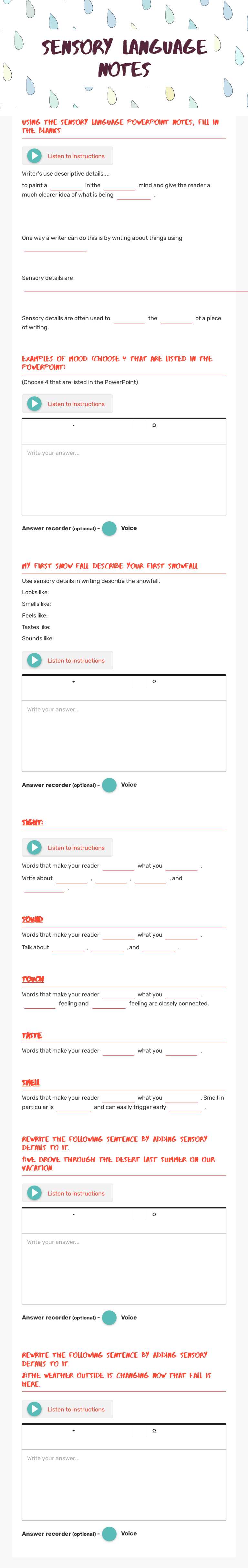 SENSORY LANGUaGE NOTES Grade 7 worksheet preview