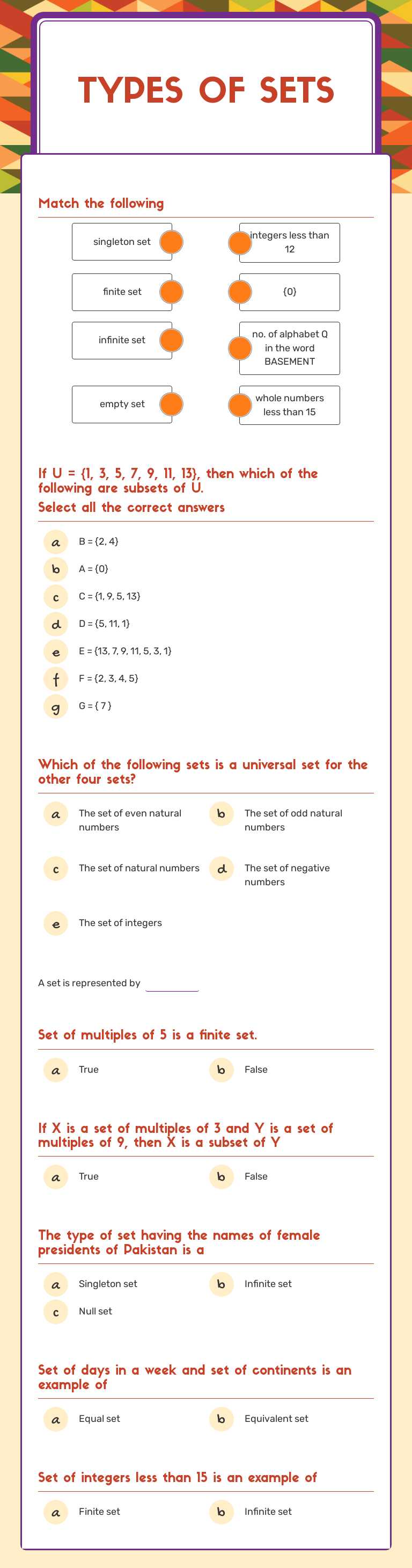 Types of sets worksheet preview image