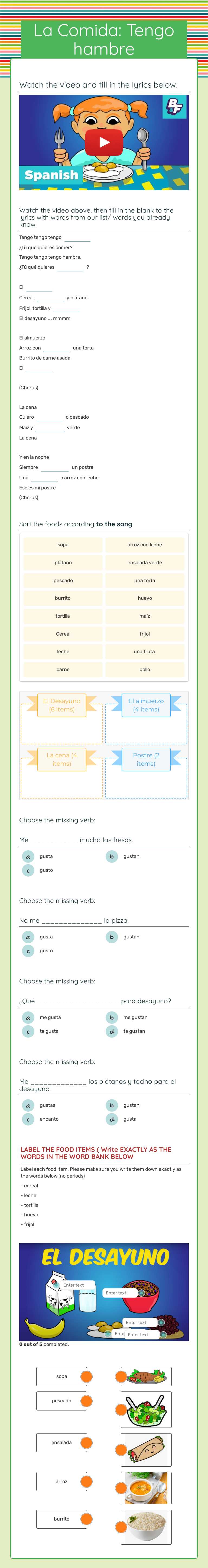 La Comida: Tengo hambre worksheet preview image