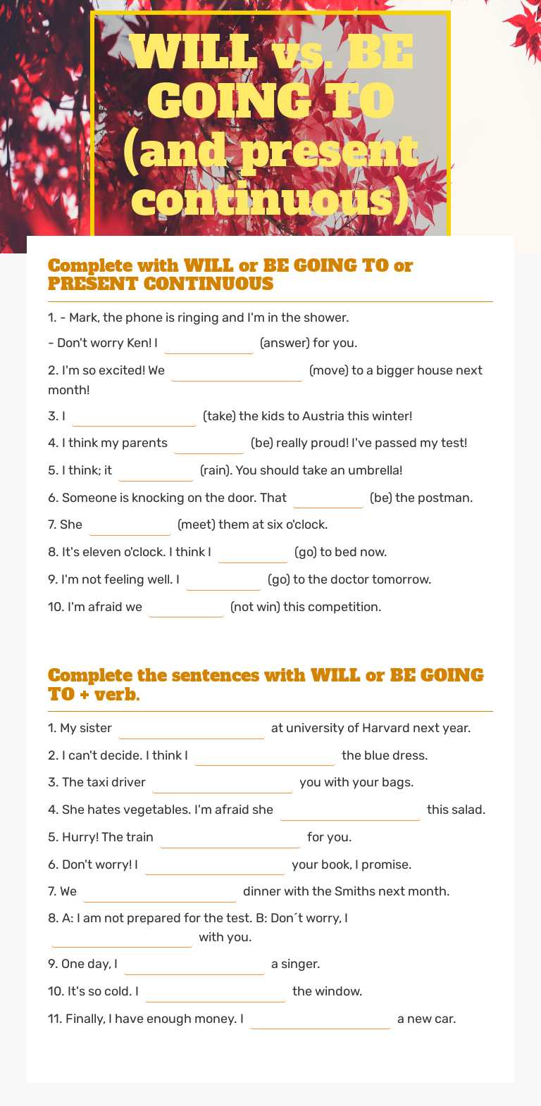 WILL vs. BE GOING TO (and present continuous) worksheet preview image