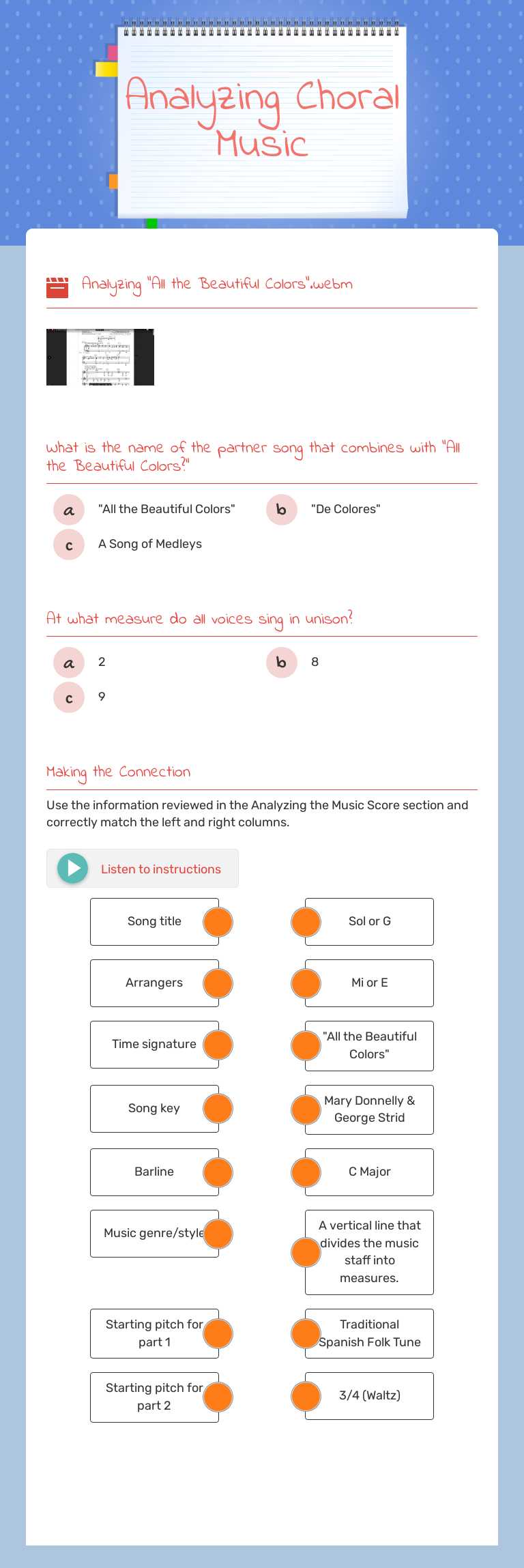 Analyzing Choral Music Grade 6 worksheet preview