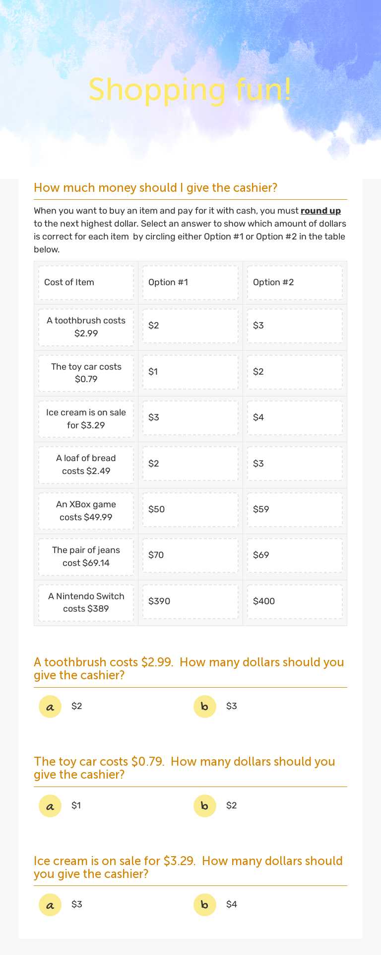 Shopping fun! Grade 10 worksheet preview