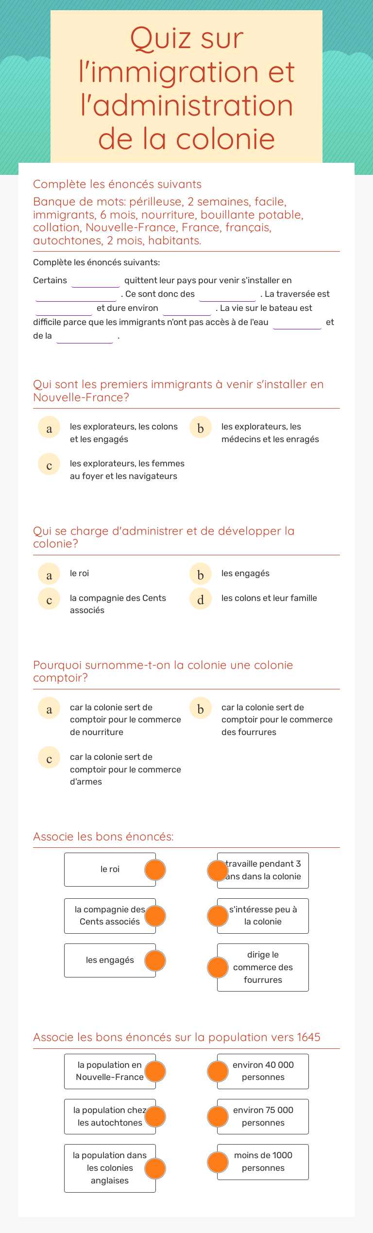 Quiz sur l'immigration et l'administration de la colonie worksheet preview image