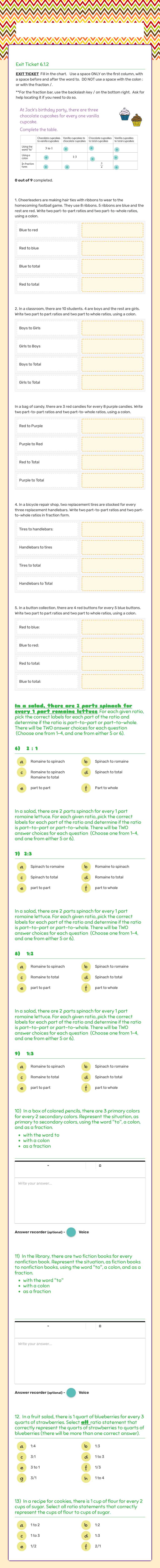 Understanding ratio revision sheet gr 6 worksheet preview image