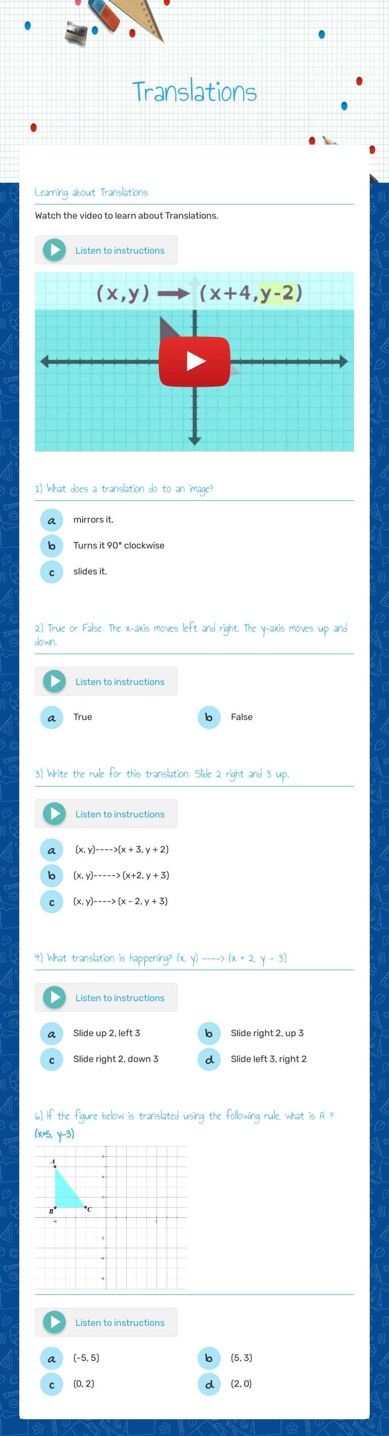Translations worksheet preview image