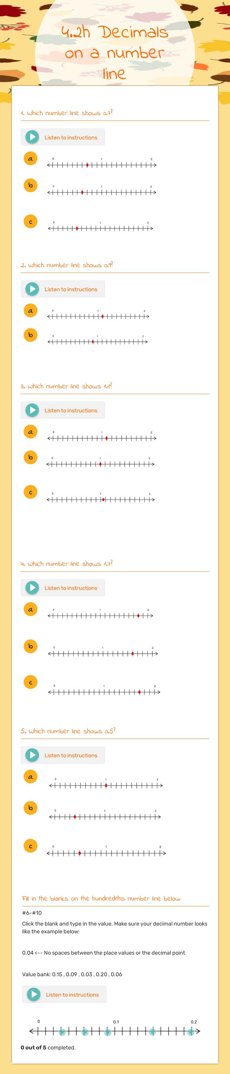 4.2h Decimals on a  number line worksheet preview image