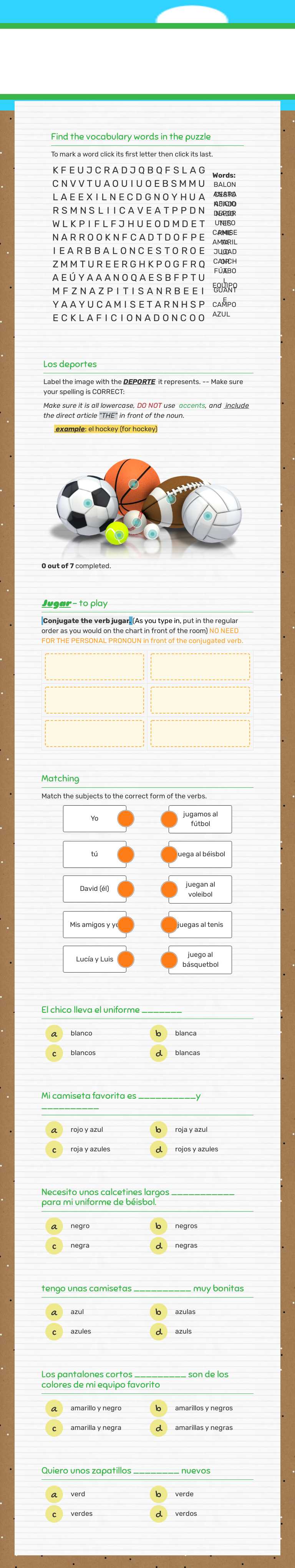 jugar y los deportes worksheet preview image