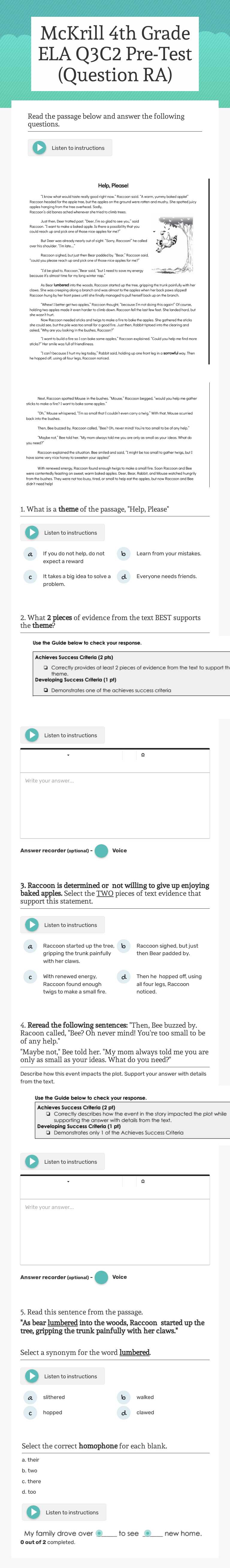 McKrill 4th Grade ELA Q3C2 Pre-Test (Question RA) worksheet preview image