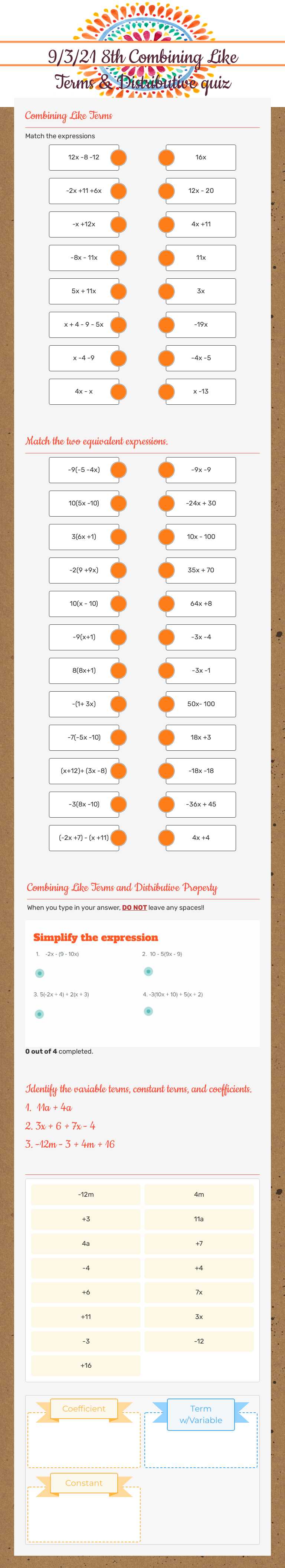9/3/21 8th Combining Like Terms & Distributive quiz worksheet preview image