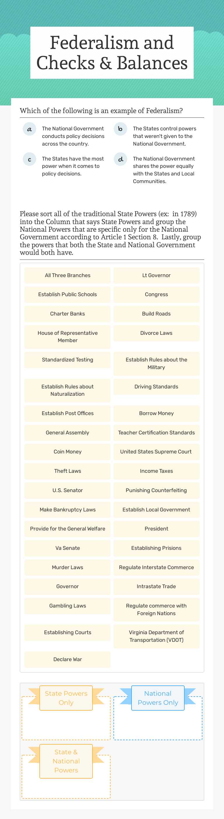Federalism and Checks & Balances Grade 12 worksheet preview