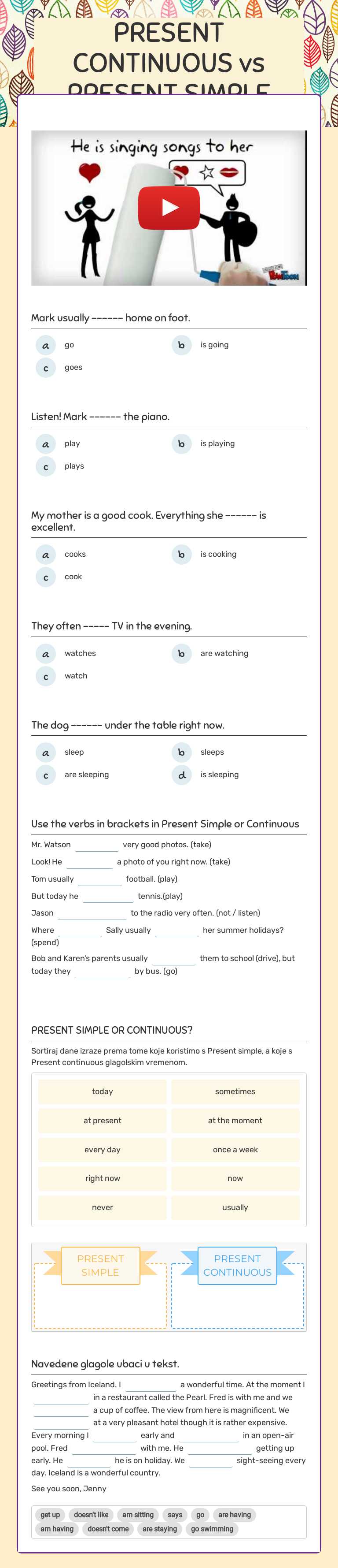 PRESENT CONTINUOUS vs PRESENT SIMPLE worksheet preview image