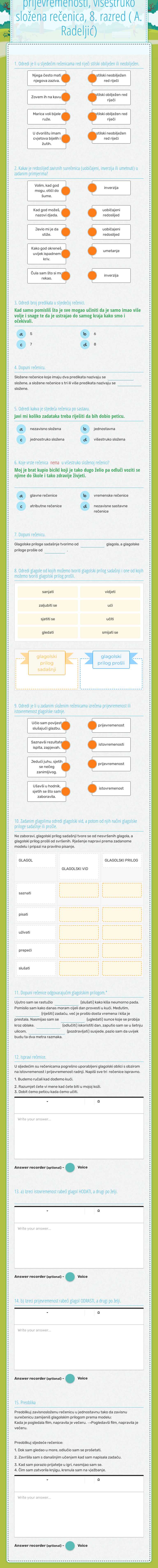 PROVJERA ZNANJA - glagolski prilozi, izricanje istovremenosti i prijevremenosti, višestruko složena rečenica, 8. razred ( A. Radeljić) Grade 8 worksheet preview