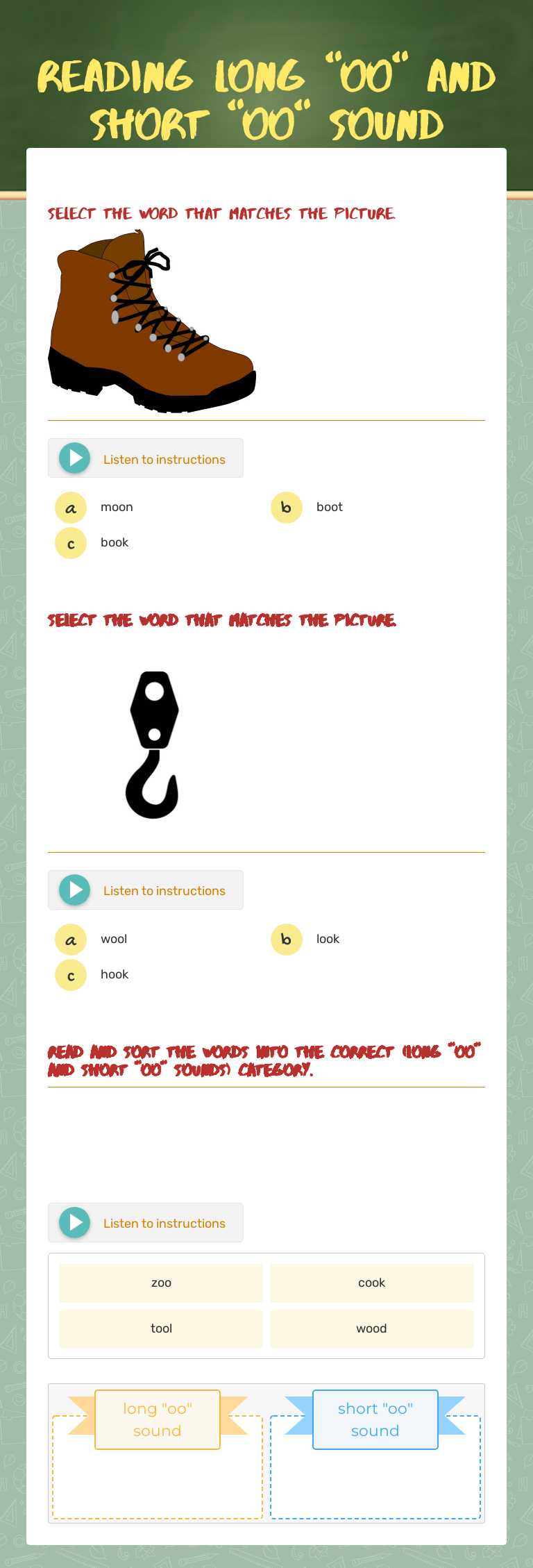 reading long "oo" and short "oo" sound worksheet preview image