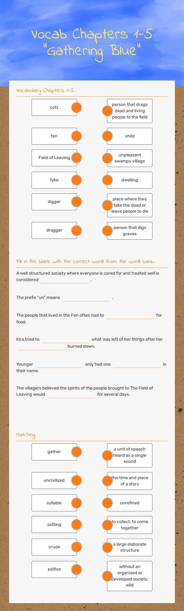 Vocab Chapters 1-5 "Gathering Blue" worksheet preview image