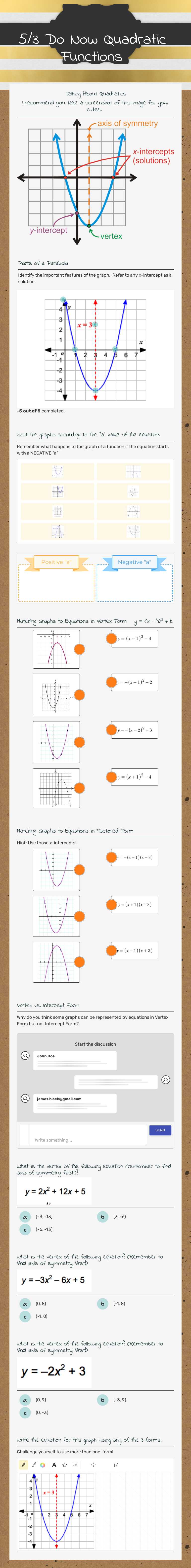 5/3 Do Now Quadratic Functions Grade 8 worksheet preview