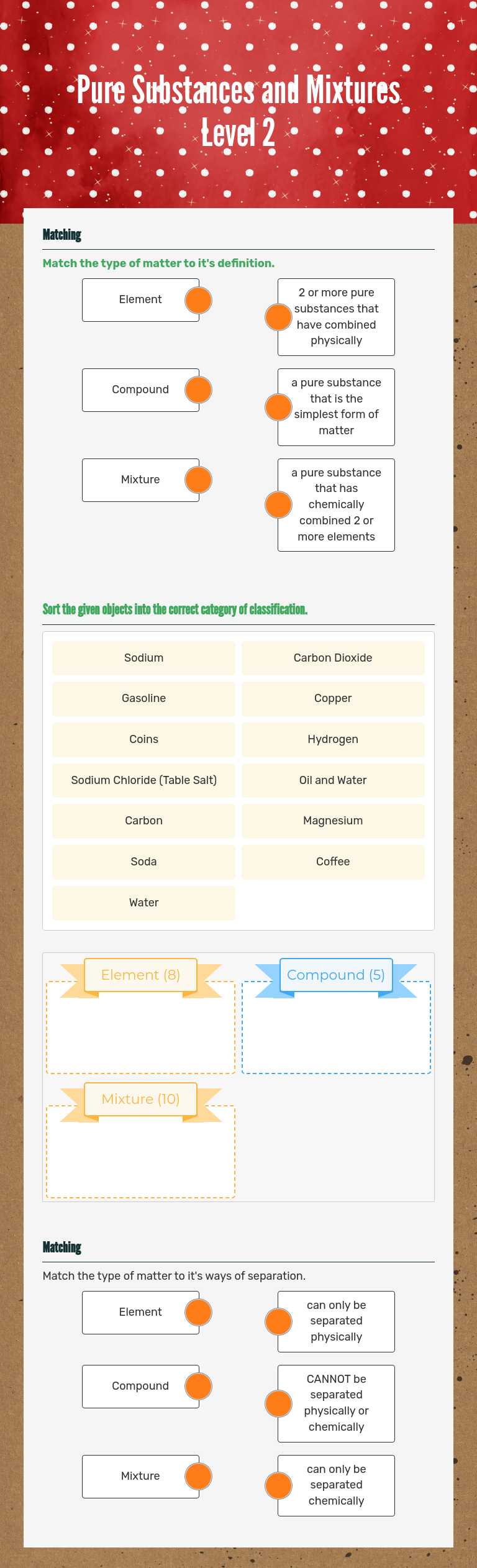 Pure Substances and Mixtures Level 2 worksheet preview image