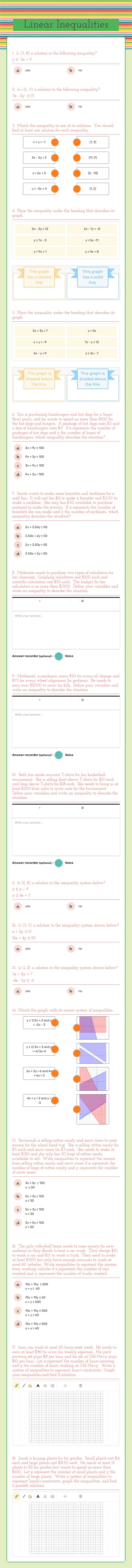 Linear Inequalities worksheet preview image