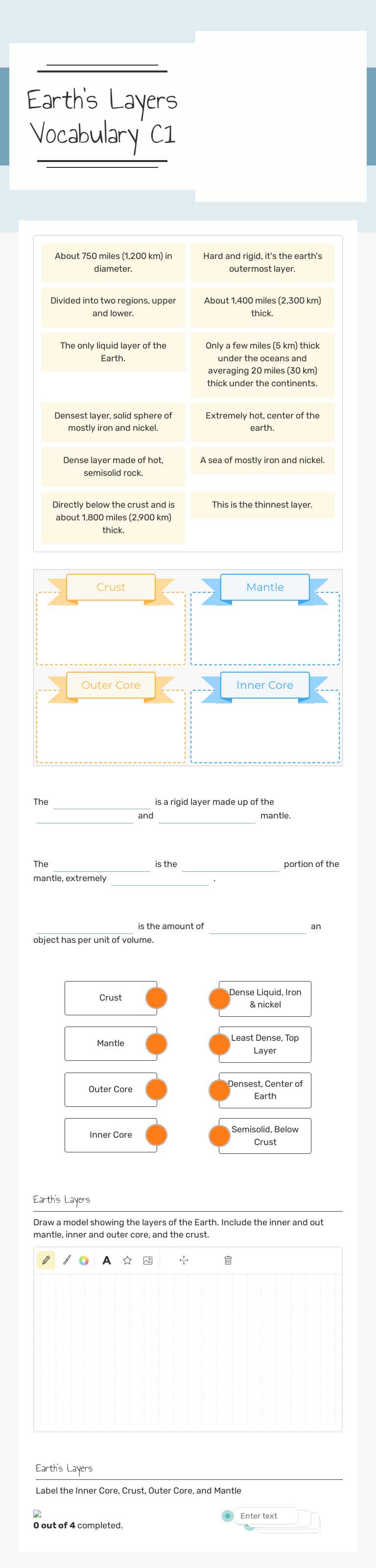 Earth's Layers Vocabulary C1 worksheet preview image