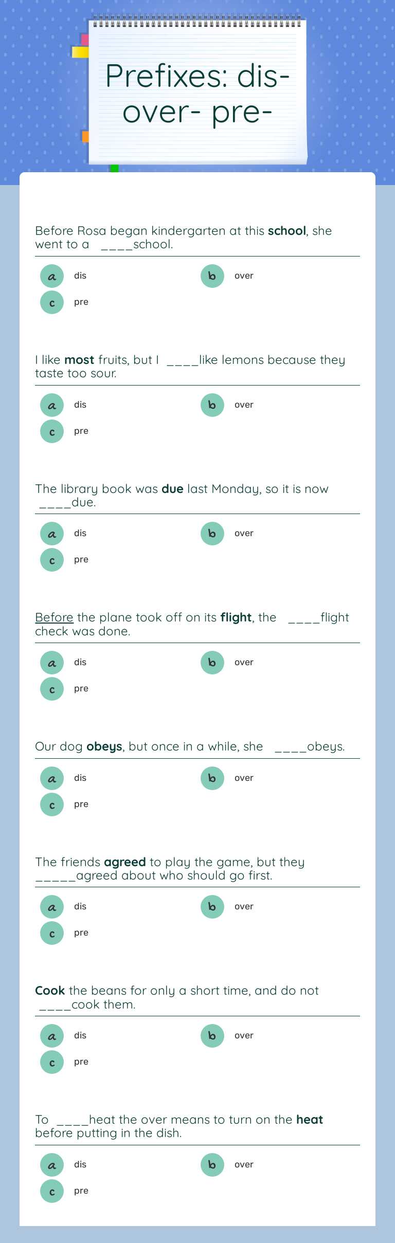 Prefixes:           dis-     over-   pre- worksheet preview image