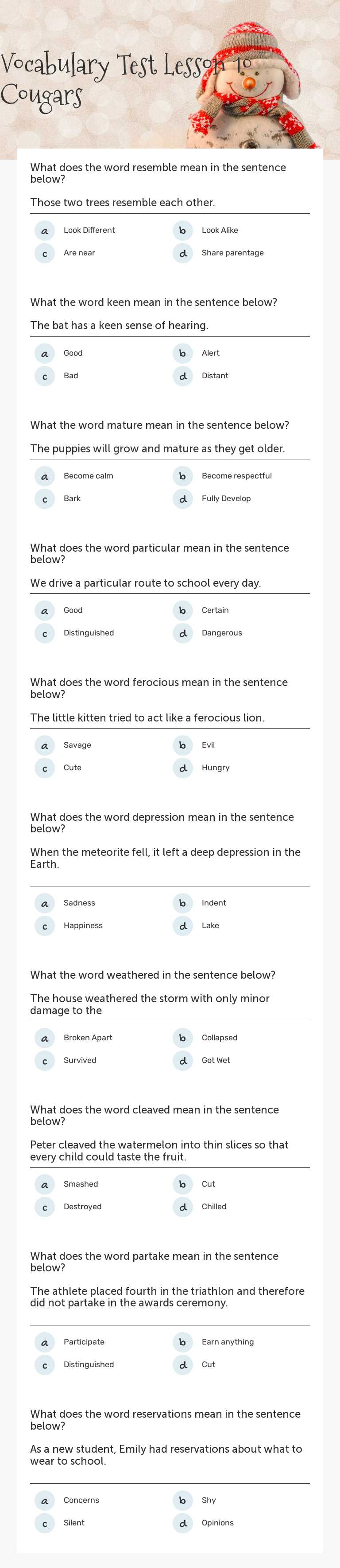 Vocabulary Test 
Lesson 10 Cougars worksheet preview image