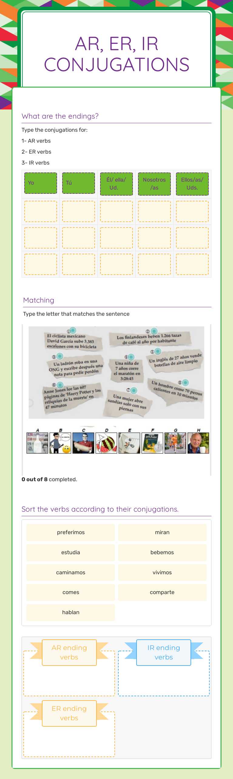 AR, ER, IR Conjugations worksheet preview image